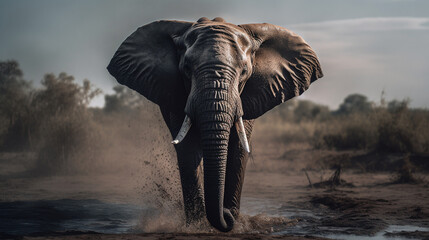 elephant on the background of the African savannah, hot day, animals of Africa. ai generative