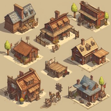 Set collection of isometric house for gaming assets. Generative ai