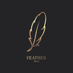 Vector Fluffy Golden Color Feather Logo Icon, Silhouette Feather Closeup Isolated. Design Template of Flamingo, Angel, Bird Feather. Lightness, Freedom Concept