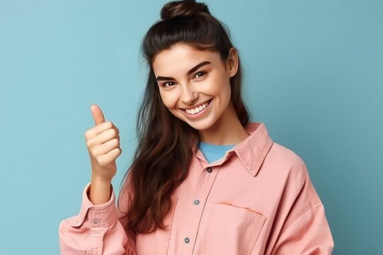 Young woman wearing Trendy casual clothes over blue isolated background approving doing positive gesture with hand, thumbs up smiling and happy for success. Winner gesture.  ai generated.