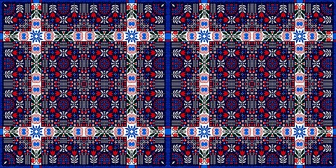 Folkart quilt traditional border. Patchwork red white blue trendy trim. Norwegian style European cloth. 