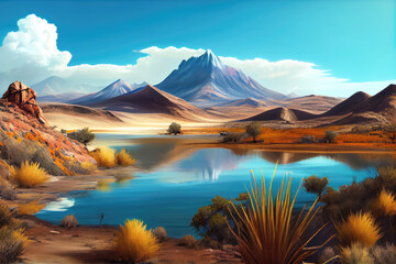 Bolivia landscape with beautiful lake and mountains. Generative AI Art. Beautiful view.