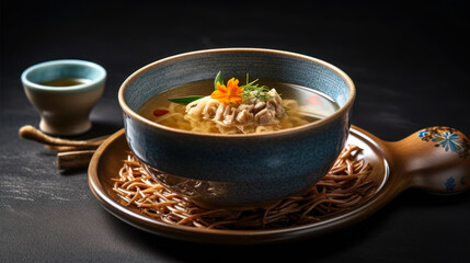 Savory Dashi Broth with Seafood: A Flavorful Delight for Japanese Cuisine Lovers, food photography. Generative AI