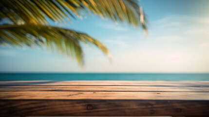 Fototapeta na wymiar Empty wood table in front of blue sky on summer sea with palm leaf blurred bokeh background concept image for product commercial ad Generative AI