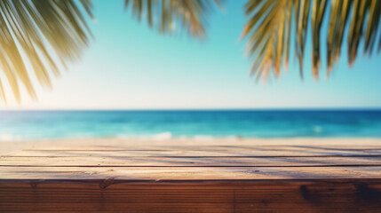 Empty wood table in front of blue sky on summer sea with palm leaf blurred bokeh background concept image for product commercial ad Generative AI
