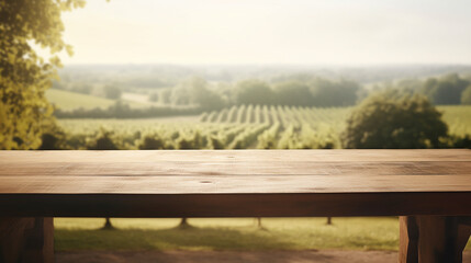 Fototapeta premium Empty wood table in front of vineyard with grape and blue sky at morning blurred background concept image for product commercial ad Generative AI