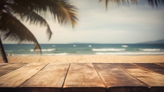 Empty wood table in front of blue sky on summer sea with palm leaf blurred bokeh background concept image for product commercial ad Generative AI