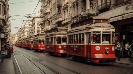 Naklejka na ściany i meble Old red trams on istiklal Avenue Generative AI