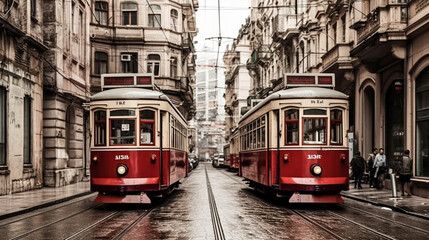 Old red trams on istiklal Avenue - obrazy, fototapety, plakaty