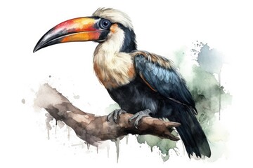 colorful toucan perched on a tree branch in a tropical forest. Generative AI