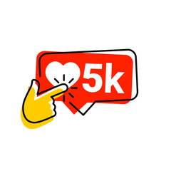 5k icon likes. 5k counter notification icon. Follower. Button, ui, web. 5000 social media likes. Hand click finger icon vector