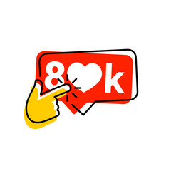 80k icon likes. 80k counter notification icon. Follower. Button, ui, web. 80000 social media likes. Hand click finger icon vector