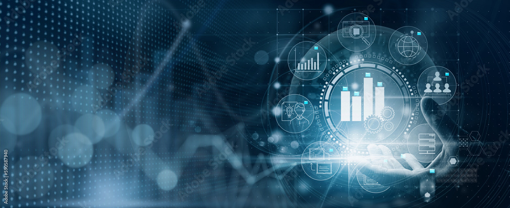 Poster business hand worker holding business analytics big data analysis technology future concept on vr sc