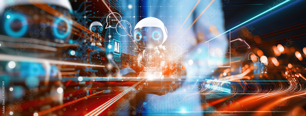 Poster Ai chat bot communicate and interact to businessman provide smart data in natural human like text.Artificial intelligence system assist human decision making best solution to accomplish task