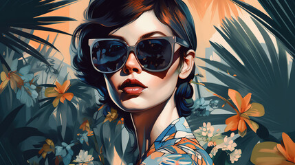Fototapeta na wymiar Retro: a woman wearing sunglasses with palm trees in the background. Generative AI