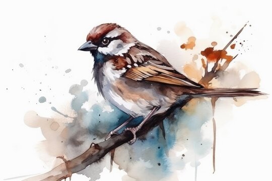 bird perched on a tree branch, painted in watercolors. Generative AI