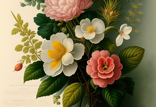 botanical illustration, white background, Flowers, AI Generated 
