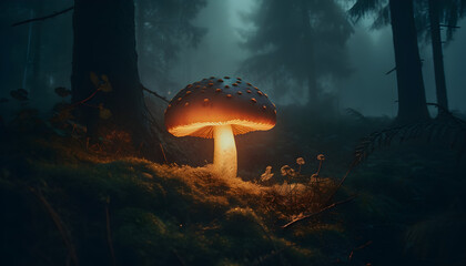 Fototapeta na wymiar Magic mushroom in a misty forest