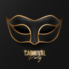 Vector 3d Realistic Black and Golden Carnival Face Mask on Black Background. Mask for Party, Masquerade Closeup. Design Template of Mask. Carnival, Party, Secret, Hero, Stranger Concept