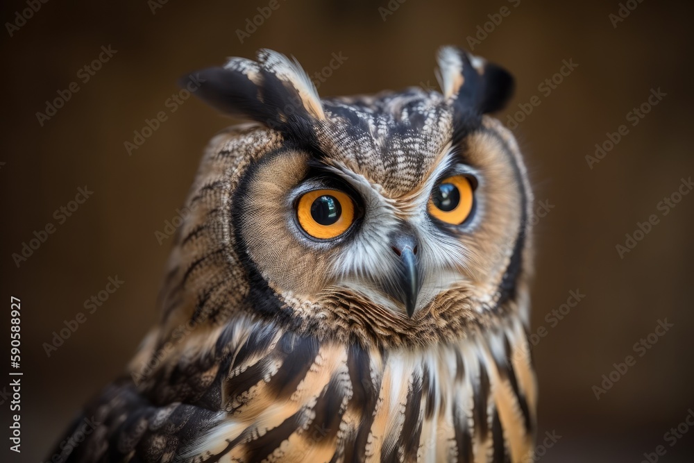 Sticker close up of an owl with striking orange eyes. generative ai