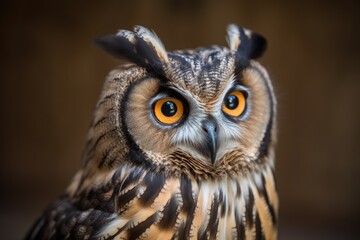 close up of an owl with striking orange eyes. Generative AI