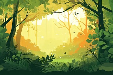serene forest landscape with birds in flight. Generative AI