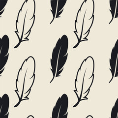 Vector Seamless Pattern with Different Black Fluffy Feather Silhouettes on White Background. Design Template of Flamingo, Angel, Bird Feathers for Wall Paper, Textile. Lightness, Freedom Concept