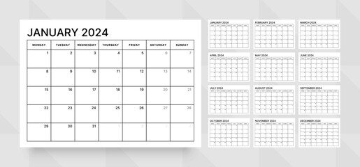 Monthly calendar template for 2024 year. Wall calendar in a minimalist style. Week Starts on Monday. Planner for 2024 year.