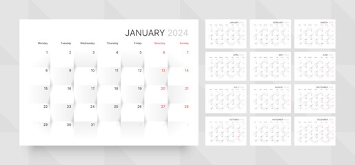 Monthly calendar template for 2024 year. Planner diary with 3d paper background. Week Starts on Monday. 