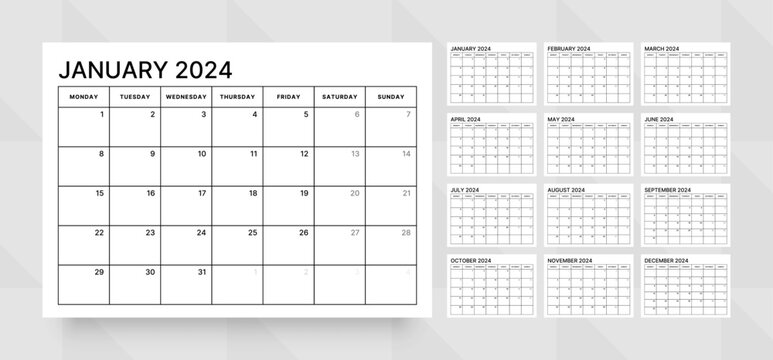 Monthly calendar template for 2024 year. Wall calendar in a minimalist style. Week Starts on Monday. Planner for 2024 year.