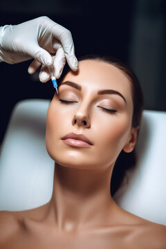 Woman generated by artificial intelligence in medical aesthetic clinic, applying botox, butulinum toxin, Generative AI.
