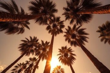 Fototapeta na wymiar Palm tree silhouettes against sunset sky. Tropical background. Created with Generative AI
