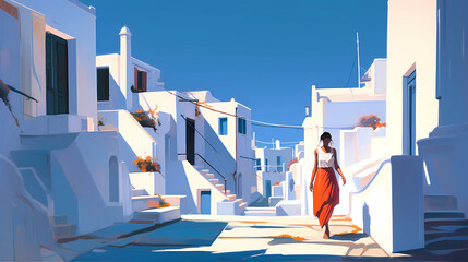 Illustration of beautiful view of Mykonos island, Greece - obrazy, fototapety, plakaty