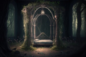 Old bed in the dark forest. Halloween concept. Generative AI