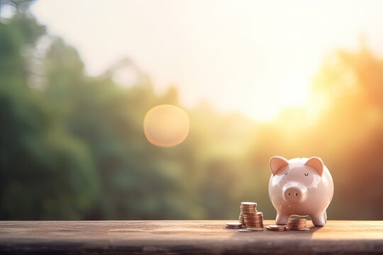 Saving money by putting a coin into piggy bank on nature background. Generative Ai.