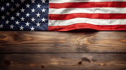 Obraz premium Top view overhead America United States flag, memorial remembrance and thank you of hero, studio shot with copy space on wooden table background, USA holiday or Independence day concept. Generative Ai