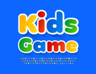 Vector colorful emblem Kids Game with sticker style Font. Playful Alphabet Letters, Numbers and Symbols set