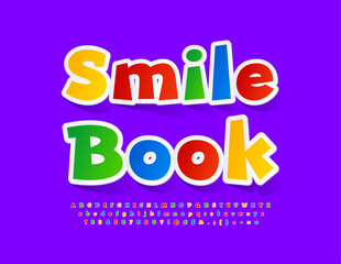 Vector educational emblem Smile Book. Colorful childish Font. Funny Alphabet Letters, Numbers and Symbols set
