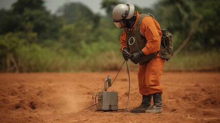 A man in a protective suit conducts demining on the street. AI generated