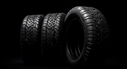 New car tires. Group of road wheels on dark background. Summer Tires with asymmetric tread design. Driving car concept. Generative Ai.