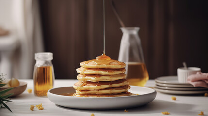 Fototapeta na wymiar A stack of fluffy delicious pancakes on the kitchen table with maple syrup. AI generated