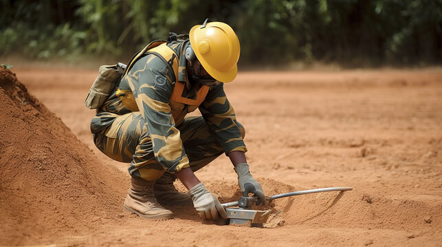 A man in a protective suit conducts demining on the street. AI generated