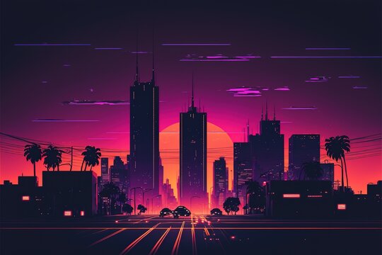 A minimalistic silhouette painting of a synthwave city night.