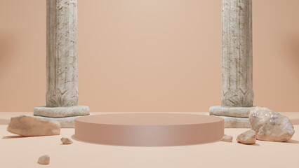 A pink table with columns and a pink background