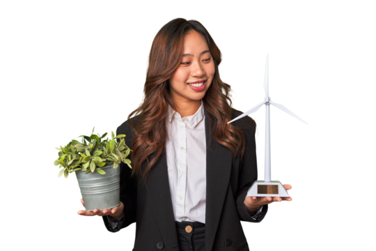 A powerful Chinese businesswoman holds a thriving plant and a windmill model, symbolizing her commitment to sustainable and responsible business practices.