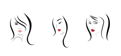 Set of Beautiful Young Woman  faces prints or logos