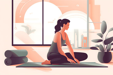Flat vector illustration Fitness woman folding exercise mat before workout in yoga studio. Rolling on the yoga mat after exercising a healthy lifestyle.