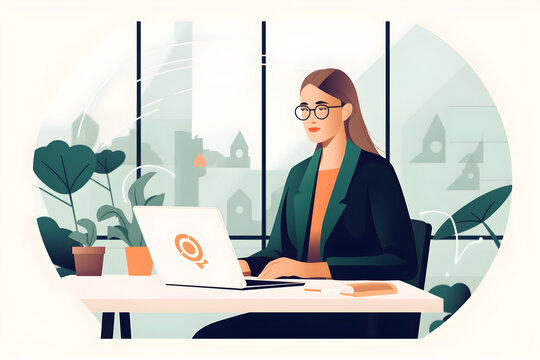 Flat vector illustration Successful confident caucasian businesswoman in elegant clothes, executive, recruiter, product manager, sitting in modern office, working on lapto
