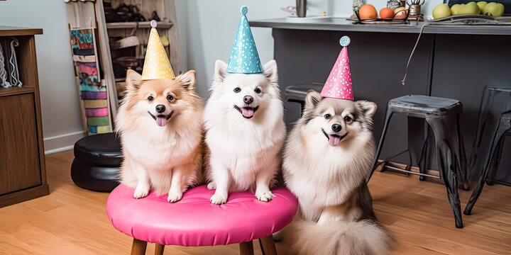 A whimsical canine, celebrating their birthday surrounded by friends and gifts, is the focus of this picture - generative ai.