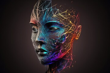Female robot face with neon lights on it